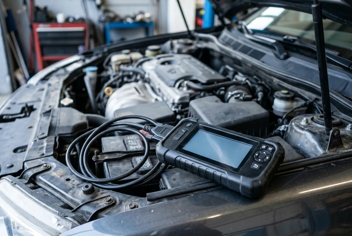 Diagnoseapparatuur aangesloten op een motorruimte