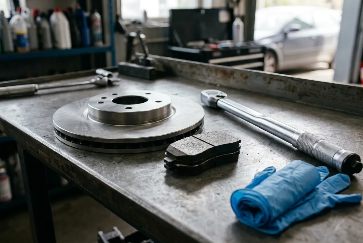 Nieuwe remschijf en remblokken op de werkbank